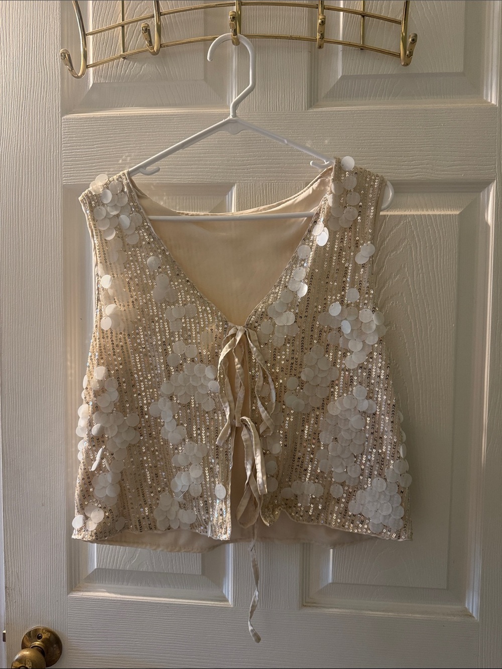 Sequin Embellished Cream Tie-Front Women's Top